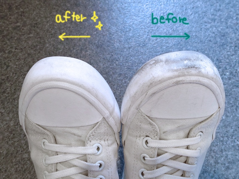 100均 キャンドゥ「スニーカー洗浄 ブラシタイプ:白スニーカーのビフォーアフター